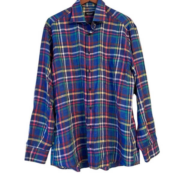 St Croix Men’s 100% Italian linen blue yellow plaid long sleeve button down Sz L - Picture 1 of 4